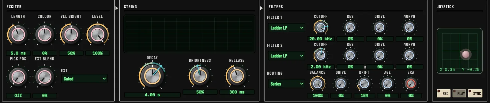 Tant KS-2 top panel: Exciter, String, Filters and Joystick sections