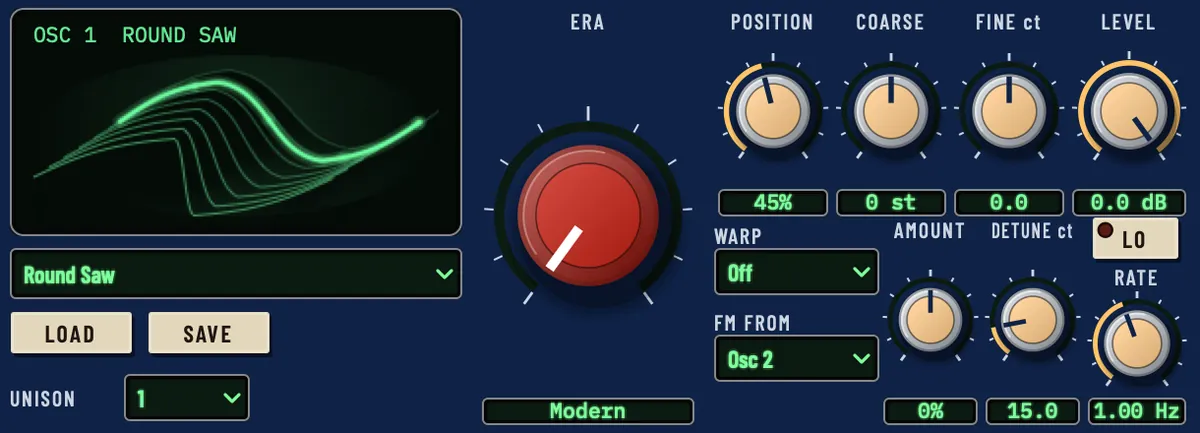 Tonnau WT-3 oscillator section: wavetable display, red Era knob, Position, Coarse, Fine, Level, Warp menu and FM From menu