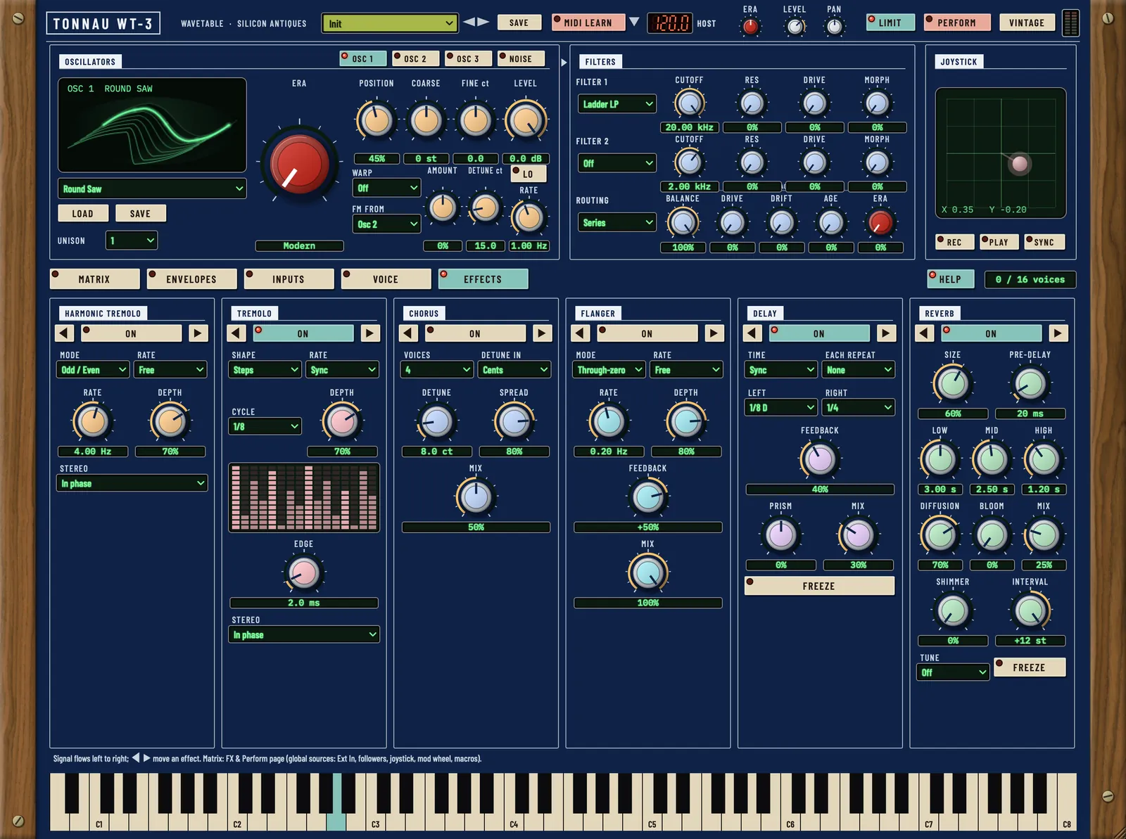 Tonnau WT-3 panel: oscillator 1 showing a Round Saw wavetable and the red Era knob, twin filters, joystick, and the six effects in a row with the on-screen keyboard